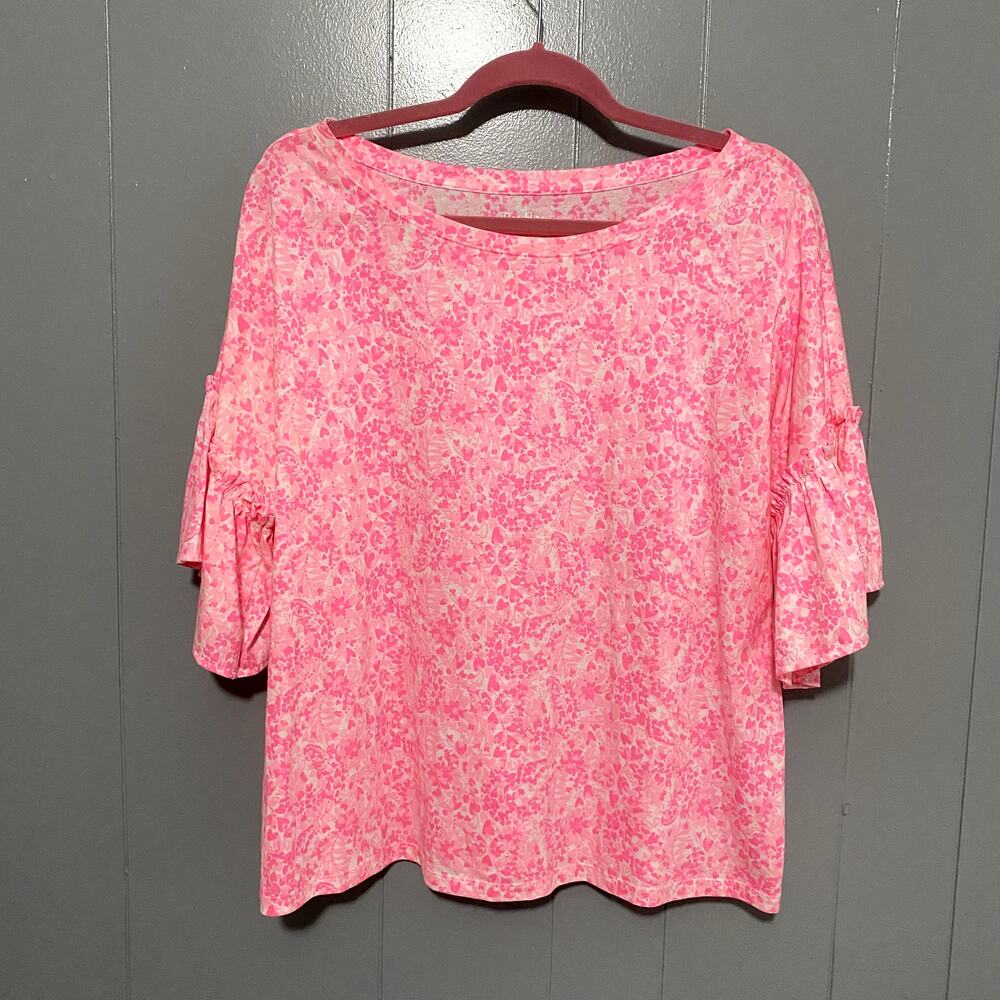 Lilly Pulitzer Pink Shandy Invest A Gator Ziva Bell Sleeve Preppy Relaxed Top XL